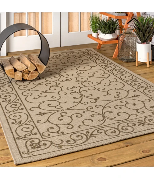 Charleston Vintage Filigree Textured Weave Beige/Brown 8 ft. x 10 ft. Indoor/Outdoor Area Rug