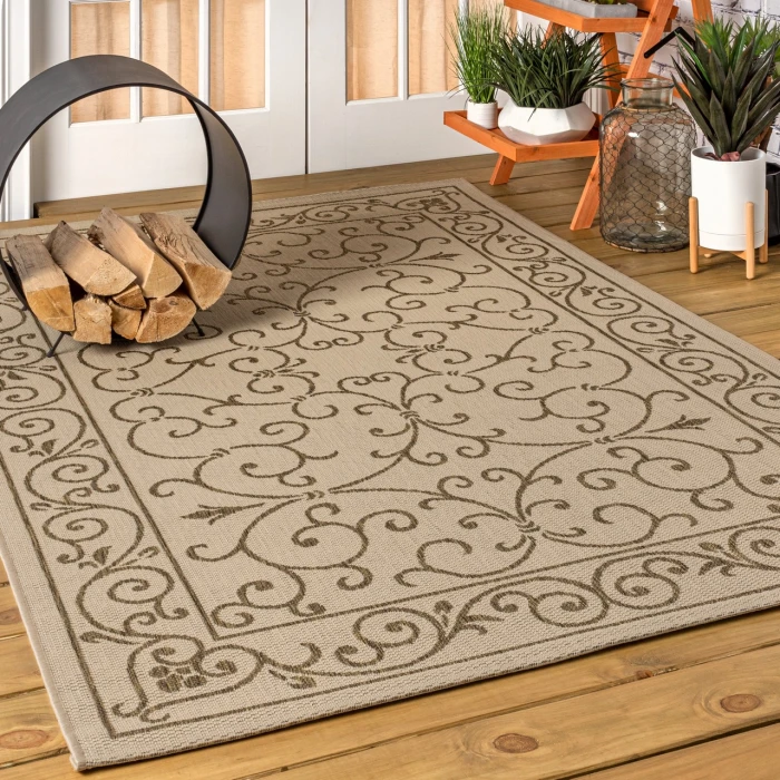 Charleston Vintage Filigree Textured Weave Beige/Brown 3 ft. x 5 ft. Indoor/Outdoor Area Rug
