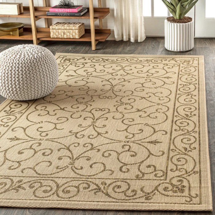Charleston Vintage Filigree Textured Weave Beige/Brown 3 ft. x 5 ft. Indoor/Outdoor Area Rug