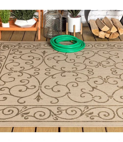 Charleston Vintage Filigree Textured Weave Beige/Brown 8 ft. x 10 ft. Indoor/Outdoor Area Rug