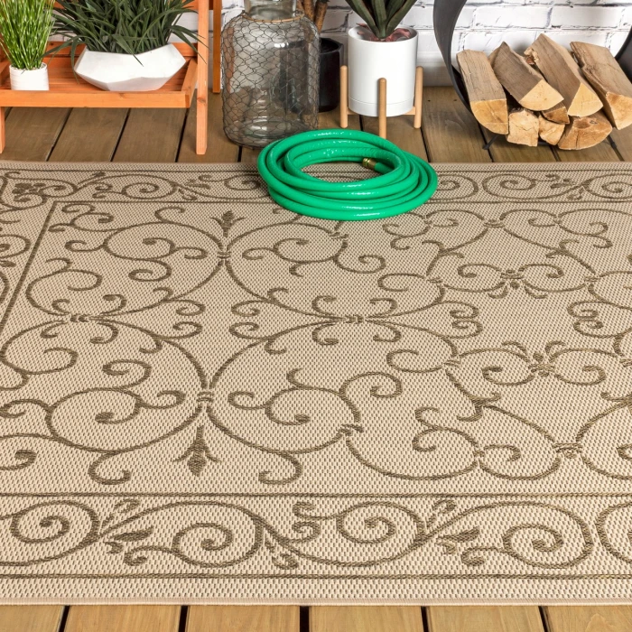 Charleston Vintage Filigree Textured Weave Beige/Brown 3 ft. x 5 ft. Indoor/Outdoor Area Rug