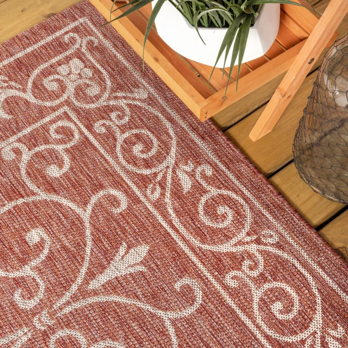 Charleston Vintage Filigree Textured Weave Red/Beige 8 ft. x 10 ft. Indoor/Outdoor Area Rug