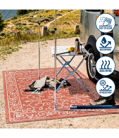 Charleston Vintage Filigree Textured Weave Red/Beige 2 ft. x 10 ft. Indoor/Outdoor Runner Rug