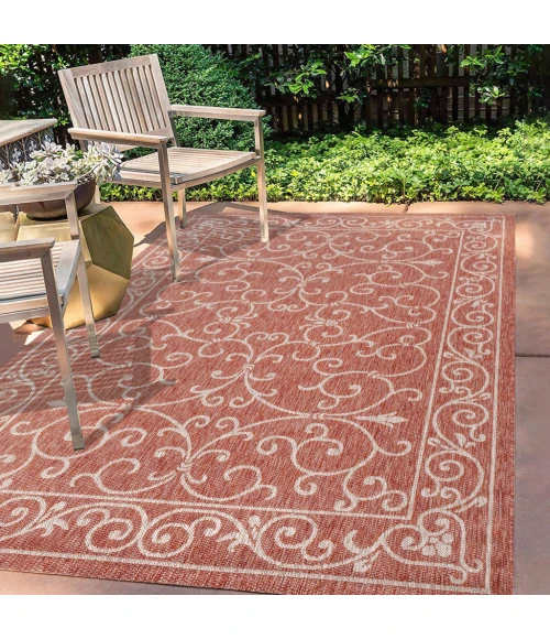 Charleston Vintage Filigree Textured Weave Red/Beige 5 ft. x 8 ft. Indoor/Outdoor Area Rug