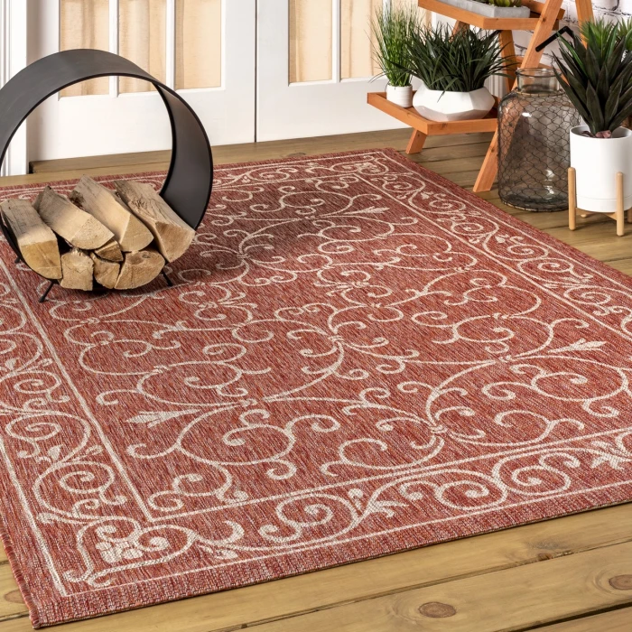 Charleston Vintage Filigree Textured Weave Red/Beige 8 ft. x 10 ft. Indoor/Outdoor Area Rug
