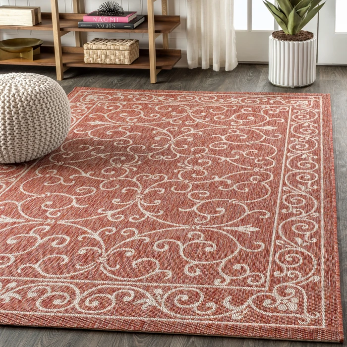 Charleston Vintage Filigree Textured Weave Red/Beige 8 ft. x 10 ft. Indoor/Outdoor Area Rug