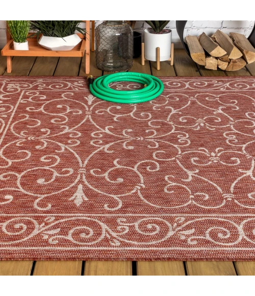 Charleston Vintage Filigree Textured Weave Red/Beige 5 ft. x 8 ft. Indoor/Outdoor Area Rug