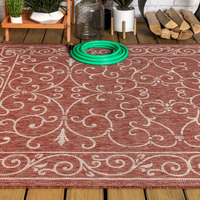 Charleston Vintage Filigree Textured Weave Red/Beige 8 ft. x 10 ft. Indoor/Outdoor Area Rug