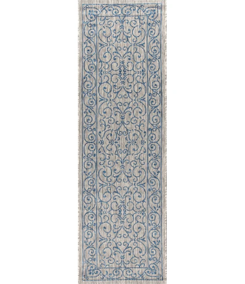 Charleston Vintage Filigree Textured Weave Gray/Navy 2 ft. x 10 ft. Indoor/Outdoor Runner Rug