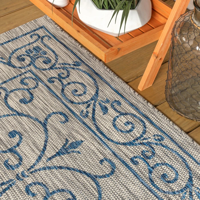 Charleston Vintage Filigree Textured Weave Gray/Navy 8 ft. x 10 ft. Indoor/Outdoor Area Rug