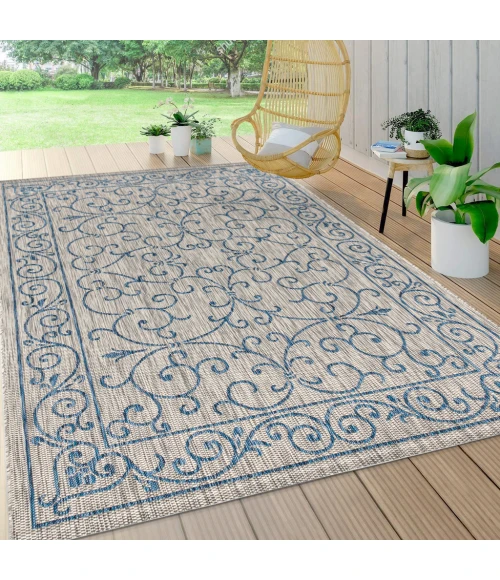 Charleston Vintage Filigree Textured Weave Gray/Navy 5 ft. x 8 ft. Indoor/Outdoor Area Rug