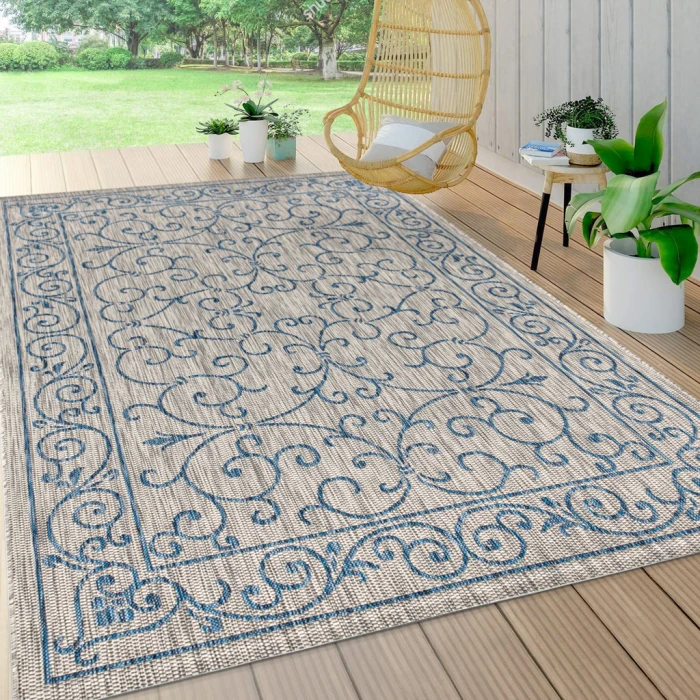Charleston Vintage Filigree Textured Weave Gray/Navy 8 ft. x 10 ft. Indoor/Outdoor Area Rug