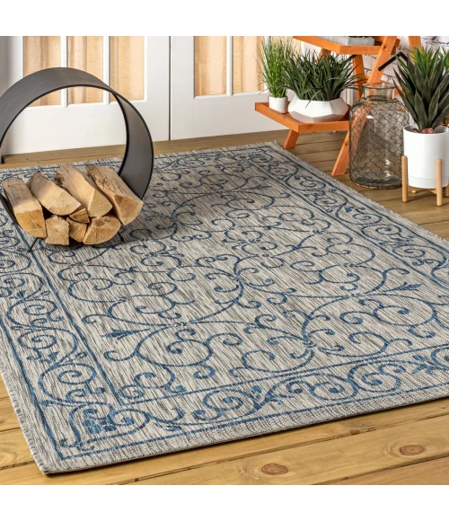 Charleston Vintage Filigree Textured Weave Gray/Navy 5 ft. x 8 ft. Indoor/Outdoor Area Rug