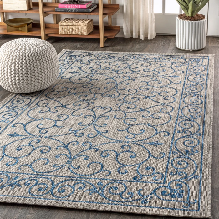 Charleston Vintage Filigree Textured Weave Gray/Navy 8 ft. x 10 ft. Indoor/Outdoor Area Rug