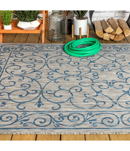Charleston Vintage Filigree Textured Weave Gray/Navy 5 ft. x 8 ft. Indoor/Outdoor Area Rug