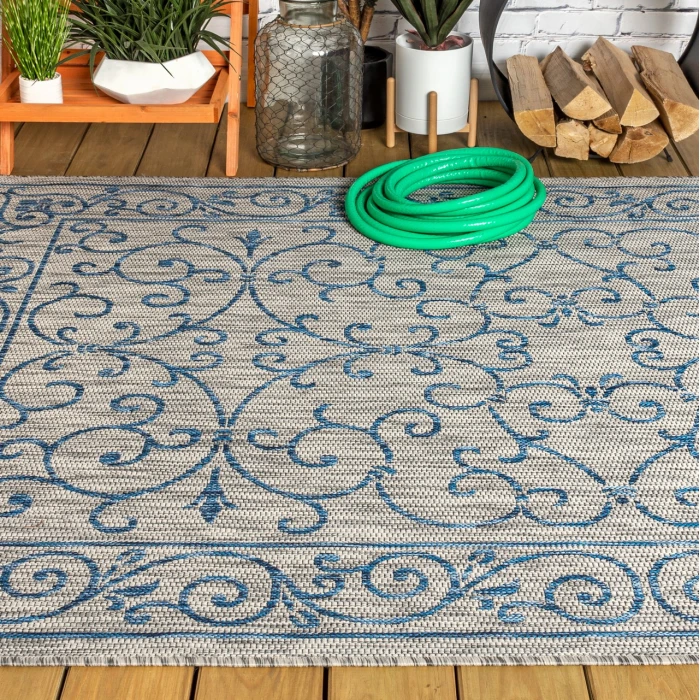 Charleston Vintage Filigree Textured Weave Gray/Navy 8 ft. x 10 ft. Indoor/Outdoor Area Rug