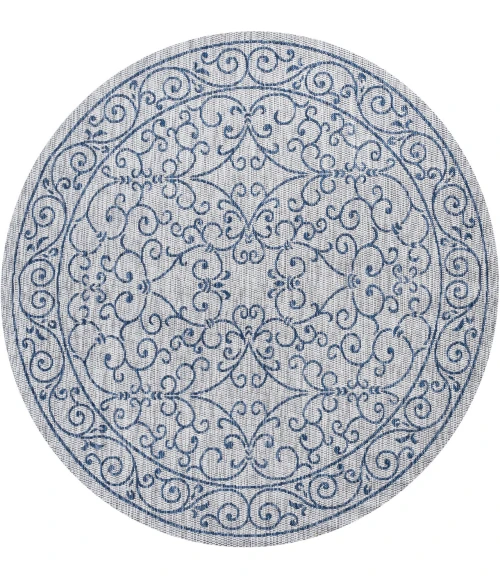Charleston Vintage Filigree Textured Weave Gray/Navy 5' Round Indoor/Outdoor Area Rug