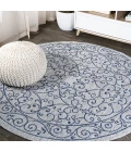 Charleston Vintage Filigree Textured Weave Gray/Navy 5' Round Indoor/Outdoor Area Rug