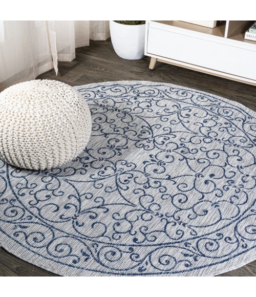 Charleston Vintage Filigree Textured Weave Gray/Navy 5' Round Indoor/Outdoor Area Rug