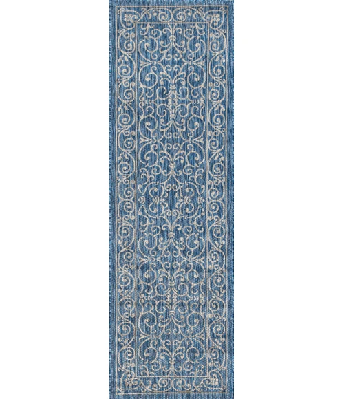 Charleston Vintage Filigree Textured Weave Navy/Gray 2 ft. x 8 ft. Indoor/Outdoor Runner Rug