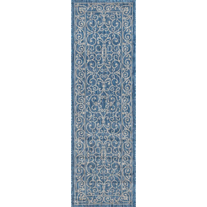 Charleston Vintage Filigree Textured Weave Navy/Gray 2 ft. x 8 ft. Indoor/Outdoor Runner Rug