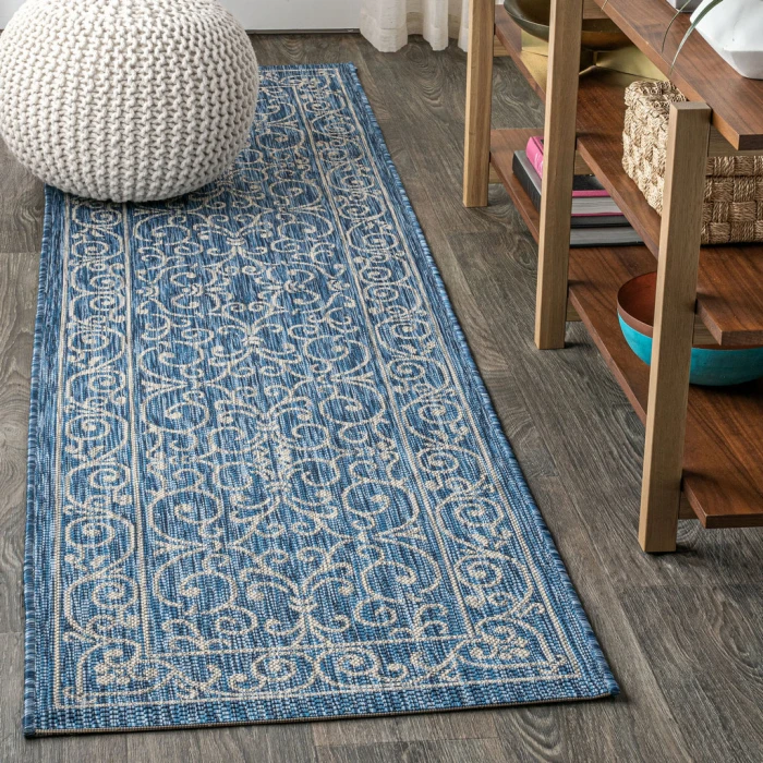 Charleston Vintage Filigree Textured Weave Navy/Gray 2 ft. x 8 ft. Indoor/Outdoor Runner Rug