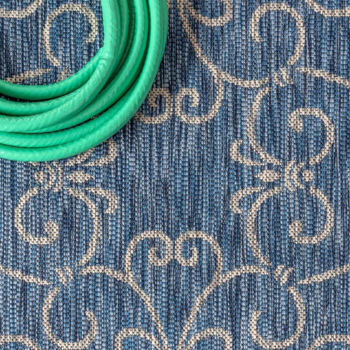 Charleston Vintage Filigree Textured Weave Navy/Gray 2 ft. x 8 ft. Indoor/Outdoor Runner Rug