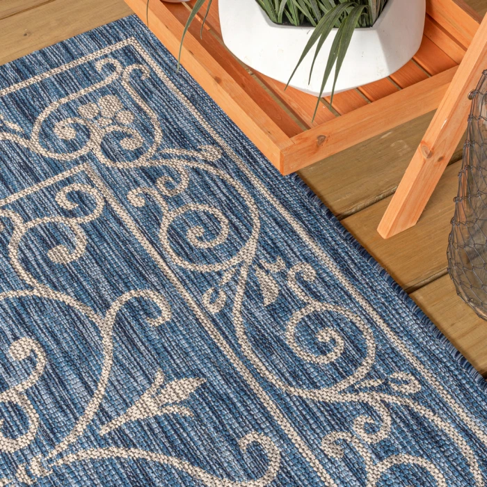 Charleston Vintage Filigree Textured Weave Navy/Gray 2 ft. x 8 ft. Indoor/Outdoor Runner Rug