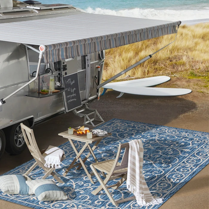 Charleston Vintage Filigree Textured Weave Navy/Gray 2 ft. x 8 ft. Indoor/Outdoor Runner Rug