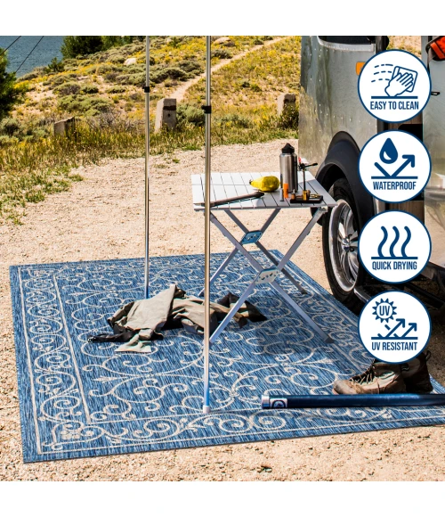 Charleston Vintage Filigree Textured Weave Navy/Gray 2 ft. x 8 ft. Indoor/Outdoor Runner Rug