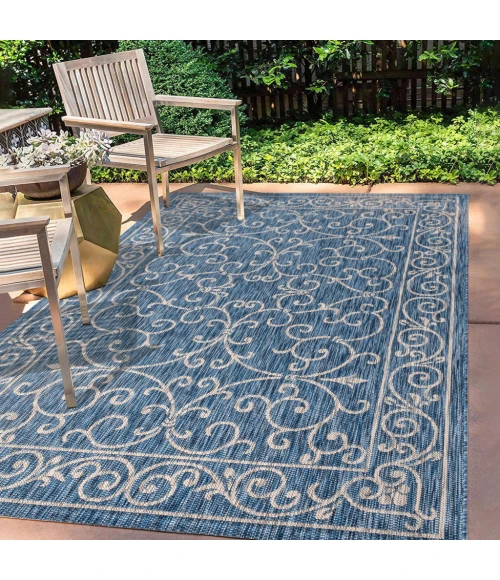 Charleston Vintage Filigree Textured Weave Navy/Gray 3 ft. x 5 ft. Indoor/Outdoor Area Rug