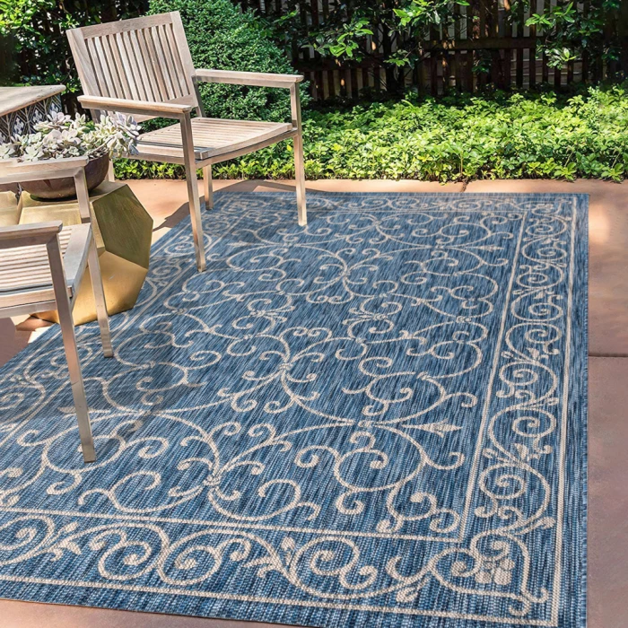 Charleston Vintage Filigree Textured Weave Navy/Gray 9 ft. x 12 ft. Indoor/Outdoor Area Rug