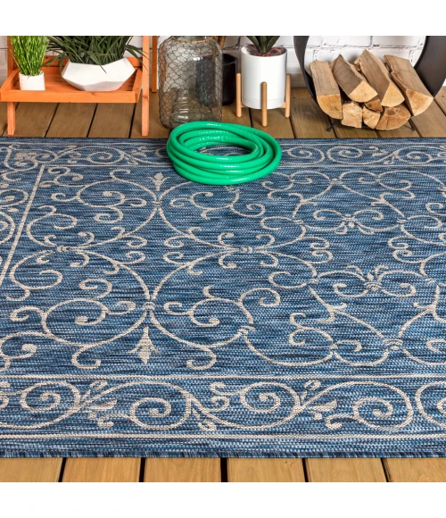 Charleston Vintage Filigree Textured Weave Navy/Gray 3 ft. x 5 ft. Indoor/Outdoor Area Rug