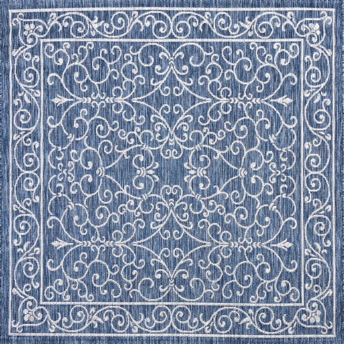 Charleston Vintage Filigree Textured Weave Navy/Gray 5' Square Indoor/Outdoor Area Rug