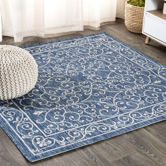 Charleston Vintage Filigree Textured Weave Navy/Gray 5' Square Indoor/Outdoor Area Rug