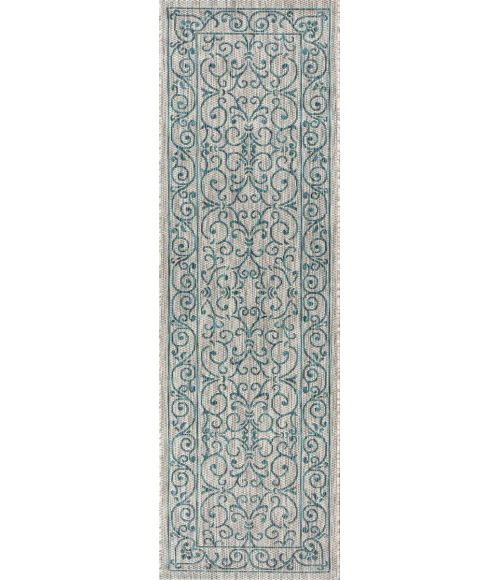 Charleston Vintage Filigree Textured Weave Gray/Teal 2 ft. x 8 ft. Indoor/Outdoor Runner Rug