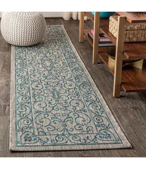 Charleston Vintage Filigree Textured Weave Gray/Teal 2 ft. x 8 ft. Indoor/Outdoor Runner Rug