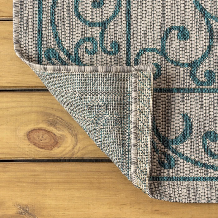Charleston Vintage Filigree Textured Weave Gray/Teal 5 ft. x 8 ft. Indoor/Outdoor Area Rug
