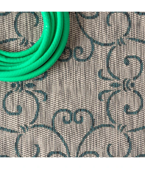 Charleston Vintage Filigree Textured Weave Gray/Teal 5 ft. x 8 ft. Indoor/Outdoor Area Rug