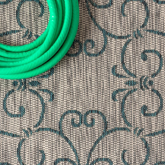 Charleston Vintage Filigree Textured Weave Gray/Teal 5 ft. x 8 ft. Indoor/Outdoor Area Rug