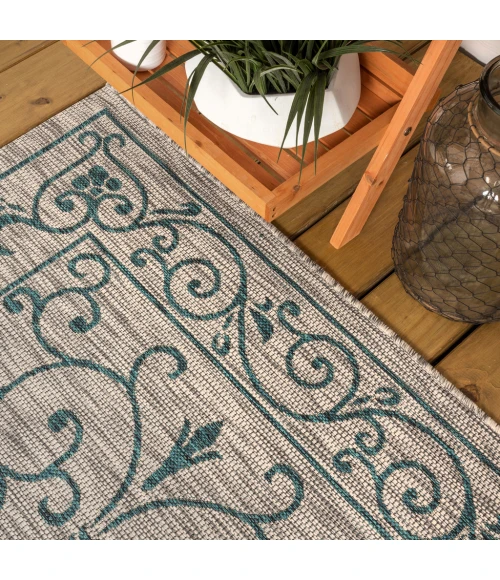 Charleston Vintage Filigree Textured Weave Gray/Teal 5 ft. x 8 ft. Indoor/Outdoor Area Rug