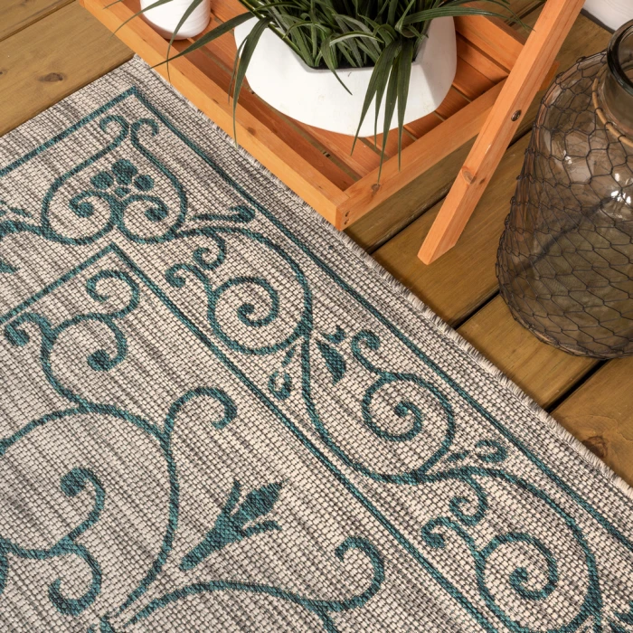 Charleston Vintage Filigree Textured Weave Gray/Teal 5 ft. x 8 ft. Indoor/Outdoor Area Rug