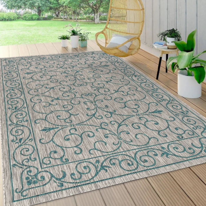 Charleston Vintage Filigree Textured Weave Gray/Teal 5 ft. x 8 ft. Indoor/Outdoor Area Rug