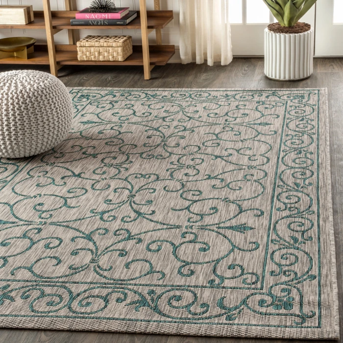 Charleston Vintage Filigree Textured Weave Gray/Teal 5 ft. x 8 ft. Indoor/Outdoor Area Rug