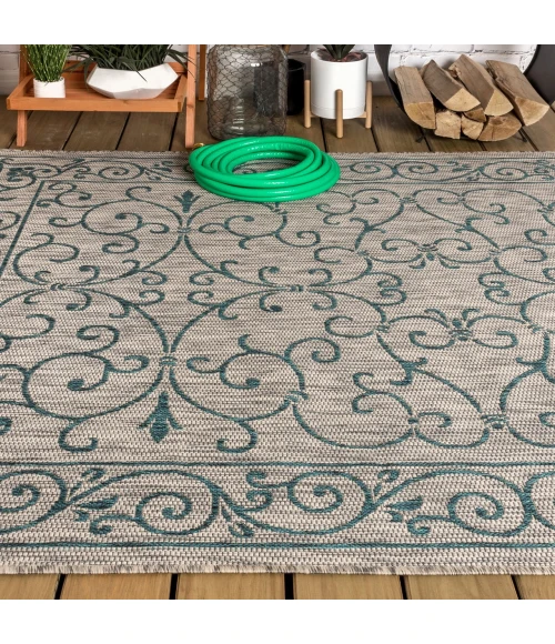 Charleston Vintage Filigree Textured Weave Gray/Teal 5 ft. x 8 ft. Indoor/Outdoor Area Rug