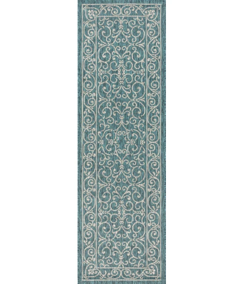 Charleston Vintage Filigree Textured Weave Teal/Gray 2 ft. x 10 ft. Indoor/Outdoor Runner Rug