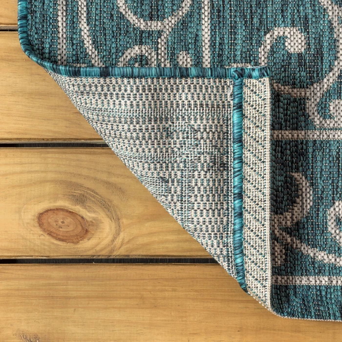 Charleston Vintage Filigree Textured Weave Teal/Gray 2 ft. x 8 ft. Indoor/Outdoor Runner Rug