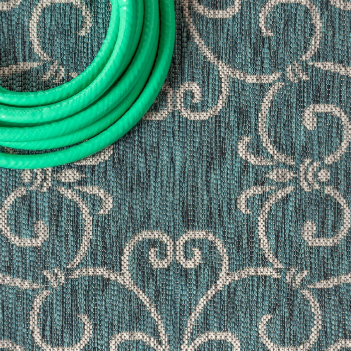 Charleston Vintage Filigree Textured Weave Teal/Gray 2 ft. x 8 ft. Indoor/Outdoor Runner Rug