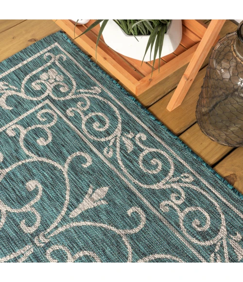 Charleston Vintage Filigree Textured Weave Teal/Gray 5' Square Indoor/Outdoor Area Rug