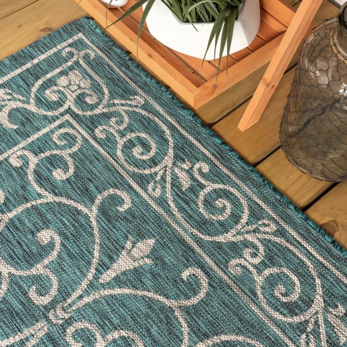 Charleston Vintage Filigree Textured Weave Teal/Gray 2 ft. x 8 ft. Indoor/Outdoor Runner Rug
